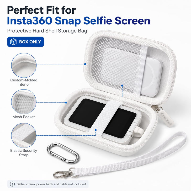 Boobowl Hard Case for Insta360 Snap Selfie Screen with Light, White | Soft Lining, Elastic Strap and Mesh Pocket Organize Screen, Power Bank and Cables for Travel and Vlogging, Case Only