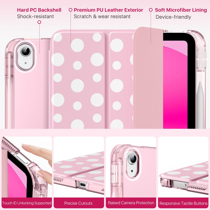 MoKo Cute Case for iPad A16 11th/10th Generation, Pink Polka Dot | For iPad 10.9/11-Inch Case with Pencil Holder 2025/2022, Trifold Cover with Hard PC Translucent Back Shell for Girls Women A-Polka Dot Pink