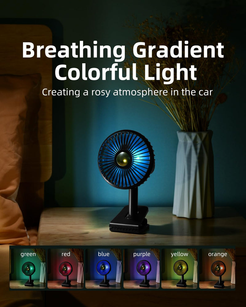 Usb Car Fan Oscillating Rechargeable Fan with Colorful Light Battery Powered, 360° Rotatable Portable Clip Fans That Blow Cold Air, Small Cooler Mini Fan Silent, for Vehicle Van Truck Suv Rv Black