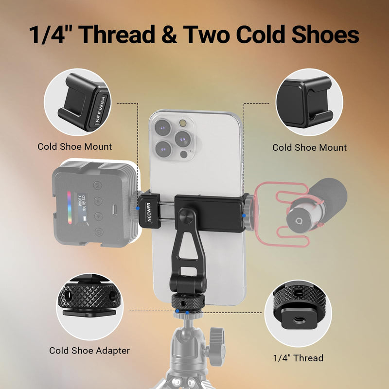 NEEWER GA010 Phone Tripod Mount, 65–90mm Adjustable Phone Clamp Holder with 1/4" Thread, 180° Tilt, 360° Swivel, Cold Shoe Accessories Compatible with iPhone 17 Pro Max Samsung S26 Ultra & More