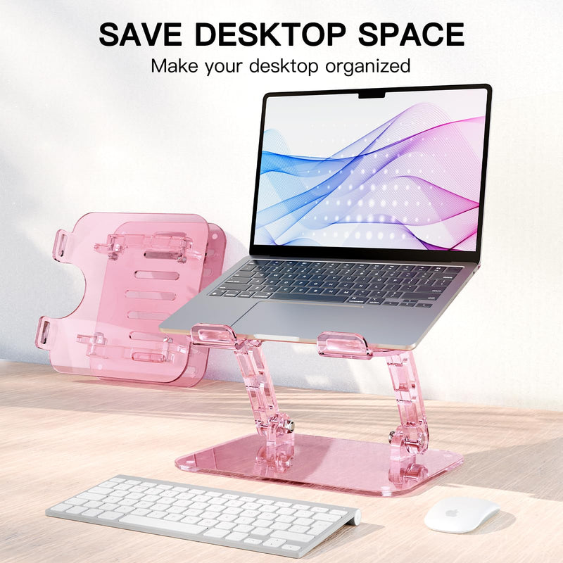 Pink Acrylic Adjustable Laptop Stand,Adjustable Height Foldable Laptop Riser for Desk, Clear Portable Laptop Holder Ergonomic Computer Stand,Compatible with 10-17.3” Laptops (Pink) pink