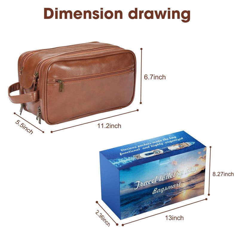 Personalized Leather Travel Toiletry Bag for Men, Large Travel Bathroom Shaving Dopp Kit, Large Cosmetic Bag Waterproof Brown