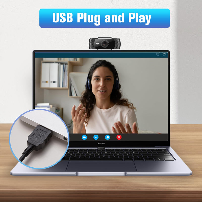 1080P Webcam with Microphone, Plug and Play USB Computer Camera for PC Laptop Desktop, Auto Light Correction, Wide Angle 90° for Zoom Teams YouTube Skype Live Streaming(Black)