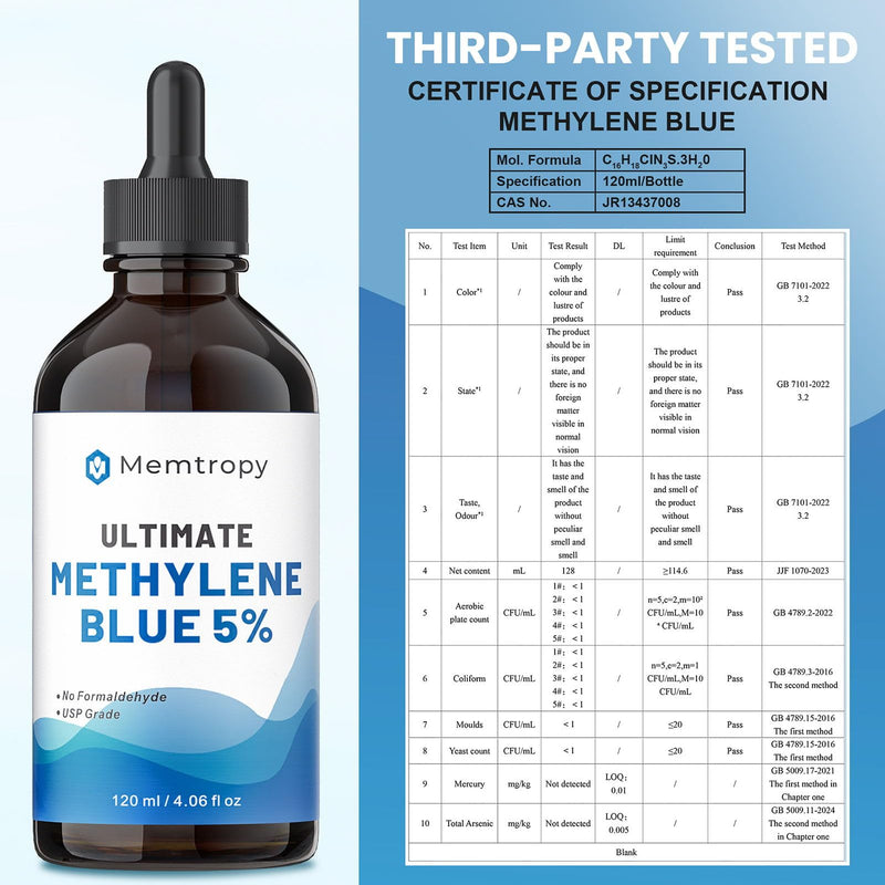 Methylene Blue Pharmaceutical Grade 4.06 fl oz (120 mL), 99% Purity Supplement for Humans, Formaldehyde-Free, Alcohol-Free, Glass Bottle