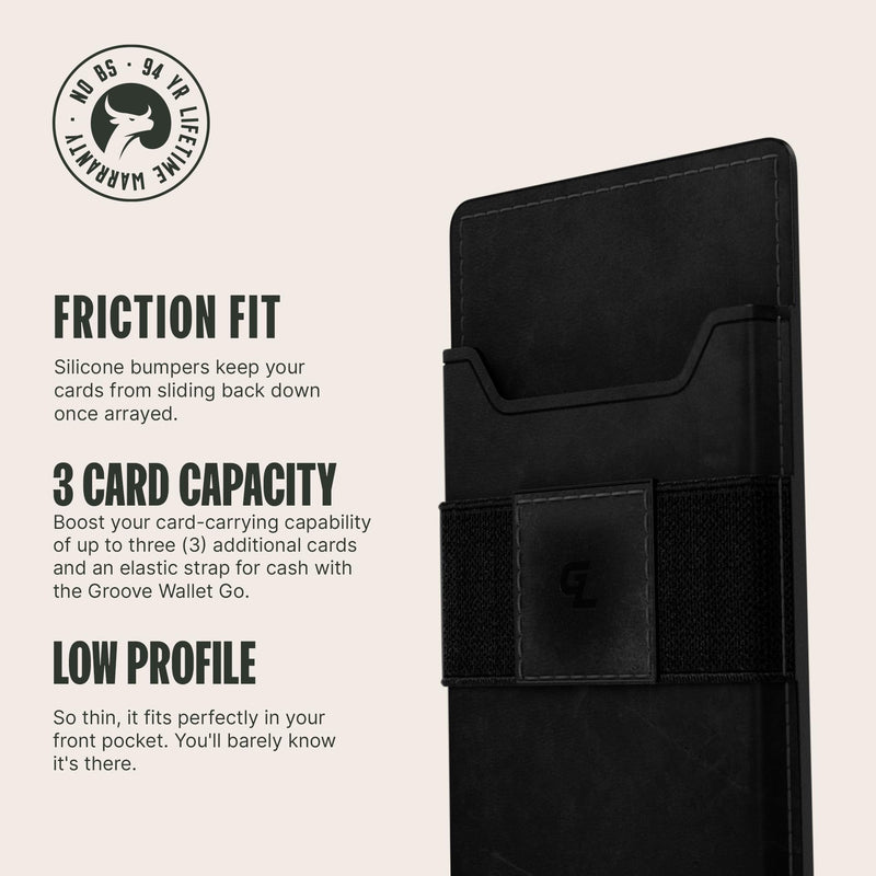  [AUSTRALIA] - Groove Life Black Leather Groove Wallet Go - Men's Minimalist Interchangeable microsuction technology Credit Card Holder with Magsafe, cash strap. Lifetime Coverage Black Leather Go