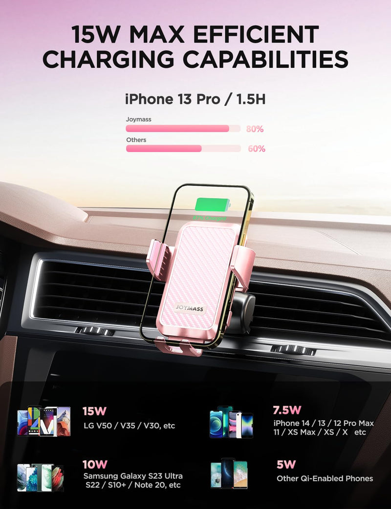 Wireless Car Charger, Phone Holders for Your Car, 15W Auto Clamping Phone Mount Car Accessories for iPhone 16 15 14 13 12 Mini Pro Max 11, Samsung Galaxy S24 Ultra S23 S22+ Note 20, etc-Pink PINK