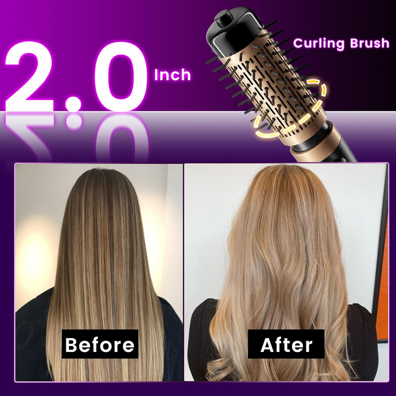 Rotating Hair Dryer Brush, 3-in-1 Hot Air Brush with 2 Brushes (1.5"&2") for Drying Styling Volumizing Curling Sleeking in One Step, 3 Temperatures, Negative Ionic, Ceramic Coating