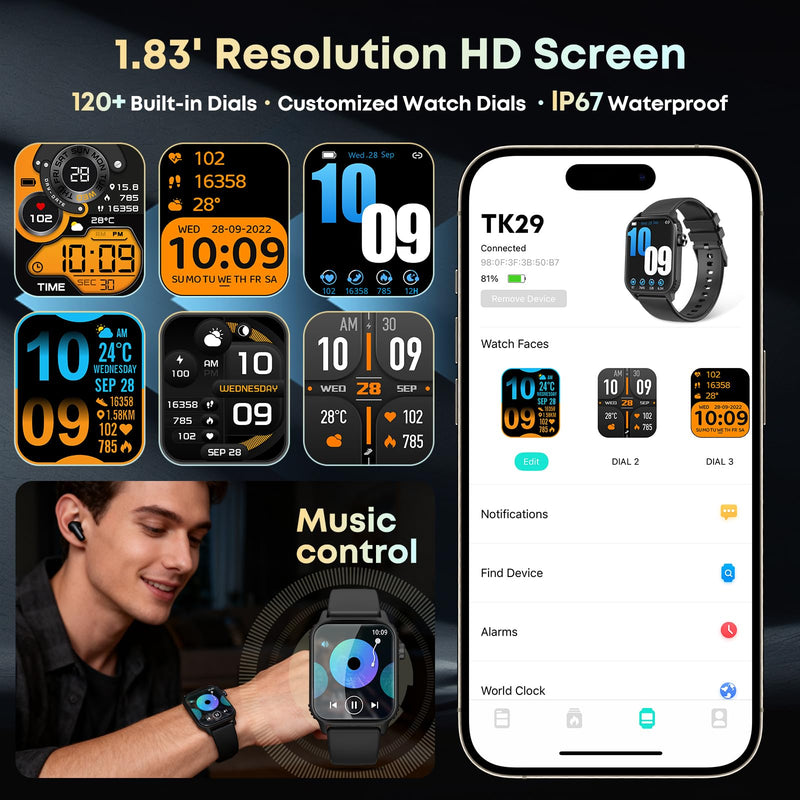 Smart Watch for Men, 120+ Sports Modes Smartwatch with 1.83" HD Touchsreen, Sleep Monitor, IP67 Waterproof, Bluetooth Call & Music Control Fitness Watch for iPhone/Android (Black) Black