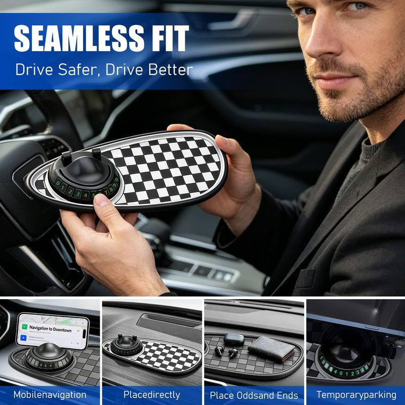 Multifunctional Car Anti-Slip Mat,With360° Rotating Adjustable Phone Holder and Temporary Parking License Plate Holder; Can Store Mobile Phones, Keys, Sunglasses and Other Items (Black and Gray) Black and Gray