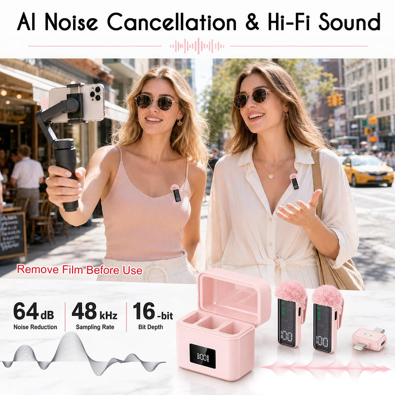 2 Mini Wireless Microphones for iPhone/Android, AI Noise Reduction | Plug & Play, 20H Battery with Charging Case, Portable Clip-On Lavalier Mic for Content Creators, Podcast, Streaming, Vlogging Pink 2