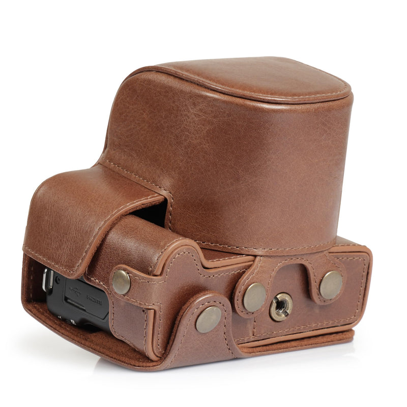 Megagear Genuine Leather Camera Case for Canon EOS R100 (18-45mm) - Stylish and Protective - Brown