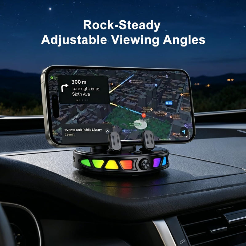 Wireless Car Charger Dashboard Phone Holder,15W Fast Charging One-Hand Operation Rotatable Bracket with RGB Light,Anti-Slip Navigation Mount with Strong Suction Cup, for Most Smart Phone