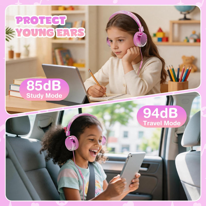 Owliwise Kids Headphones for School Travel, Safe 85/94dB Volume Limiter, HD Microphone, Over-Ear Foldable Headphones for Kids, Boys Girls, 3.5mm Wired for iPad Cord Tablet Computer, Aura Series Pink