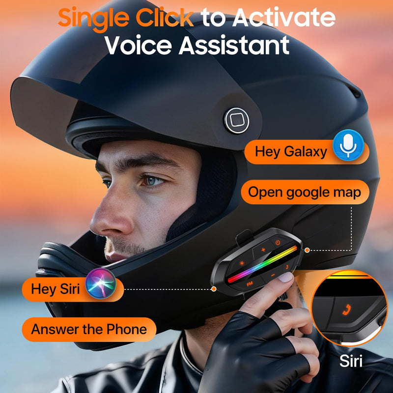 Motorcycle Bluetooth Headset V5.3, Noise Cancelling Helmet Speakers with High Volume, Dual Mic, 1000mAh Battery, IPX6 Waterproof & RGB Lights for Riding Black