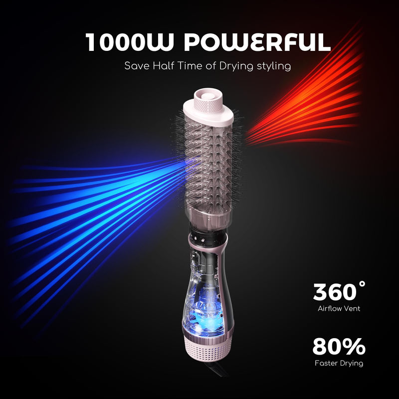 Hair Dryer Brush, 5-in-1 Blow Dry Hair Brush, Multi Hot Air Styler for Drying and Styling Volumizing Curling Sleeking in One Step, Ceramic Coating, Less Frizz, 3 Temperatures, Pink
