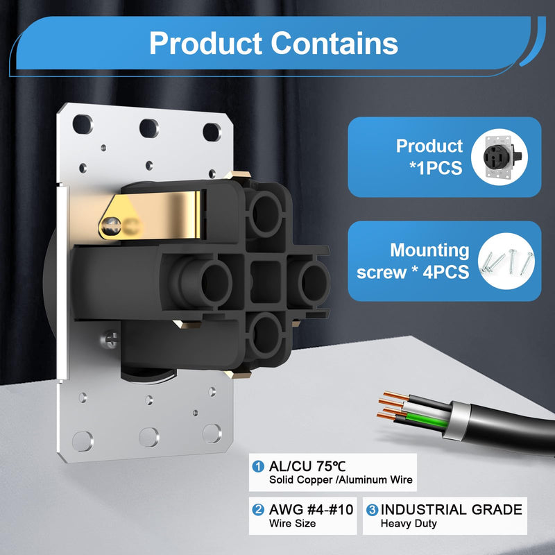 NEMA 14-50R Outlet - High-Power Outlet, Supports Up to 50 Amps, 125/250 Volts, Ideal for Electric Vehicles, RVs, and Large Appliances, Heavy-Duty Design, 3-Pole 4-Wire.