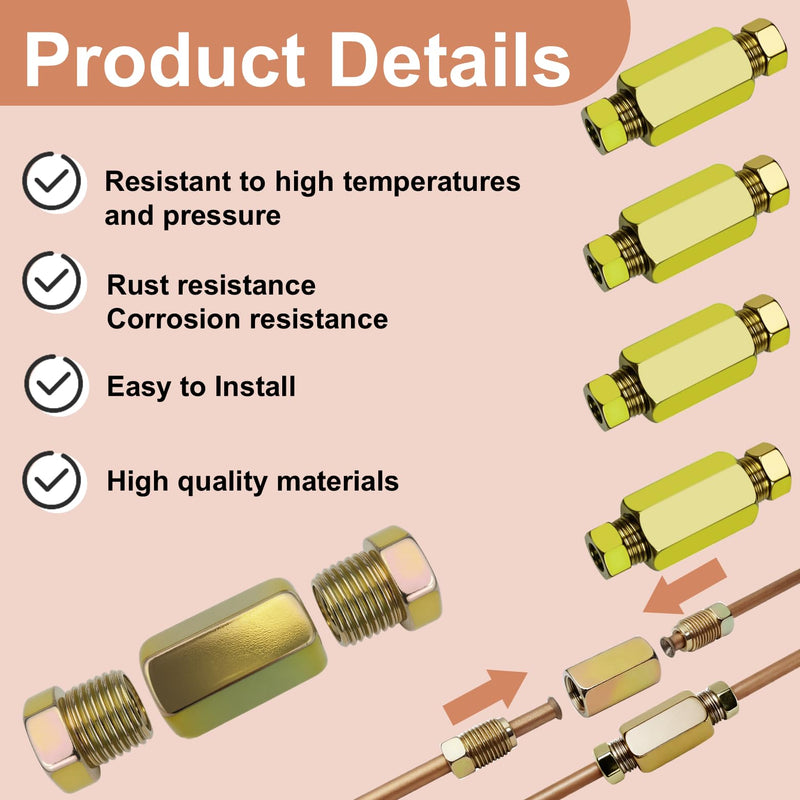 4 Sets of 3/16” Brake Line Tubing Unions (Connectors) with 8 Nuts (3/8 – 24 Threads), Brake Line Fittings Tool Kit for Automotive & Motorcycle Repairs 4 Sets