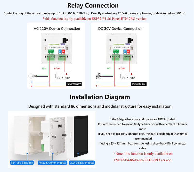 ESP32-P4 Smart 86 Box Development Board, Based On ESP32-P4 Controller, Onboard 4inch 720 x 720 Touch Display,Onboard Ethernet Port + RS485 + 2-CH Relay, Supports AI Voice Interaction