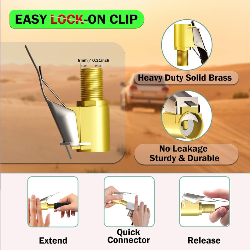 HIYITKS Air Chuck with Clip Adapter, Brass Locking Tire Inflator Nozzle Adapter Connect, No Leakage 250 PSI Tire Chucks for Vehicle Inflator Compressor Pump ConnectTool