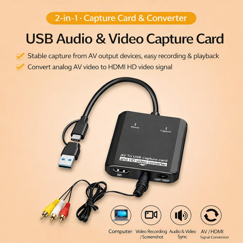 VHS to Digital Converter, 2-in-1 RCA to HDMI & USB Video Capture Card, Analog AV to HDMI Display & USB Recording for AV RCA VCR Hi8 DVD Camcorders and More