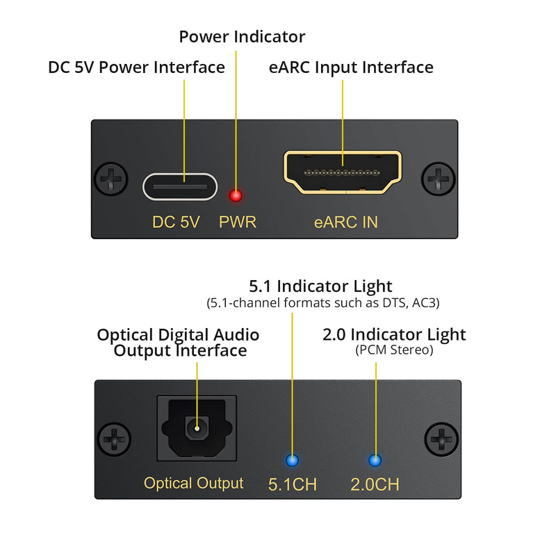 PROZOR HDMI eARC/ARC to Optical Audio Adapter, eARC Audio Extractor | Supports PCM 2.0, Dolby 5.1, DTS 5.1 Audio Formats, eARC Audio Extractor for TV to Soundbar Amplifier Home Theater