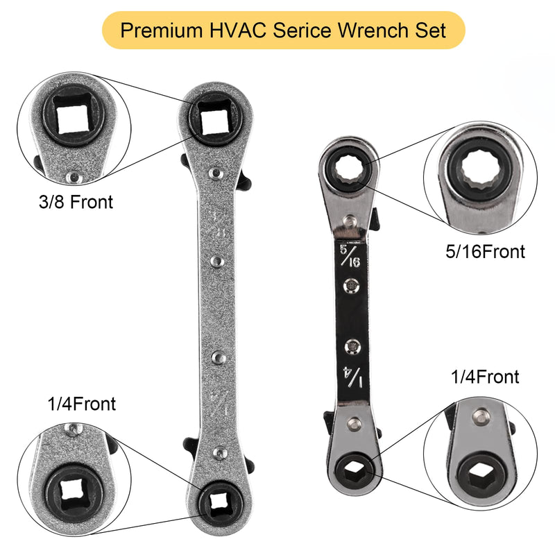 Valve Core Remover Installer Tool and HVAC Service Wrench Set with Hex Bit Adapters, Dual Size SAE 1/4 to 5/16 Port, 5/16'', 3/8'' Refrigeration Service Wrench, 10 Valve Core