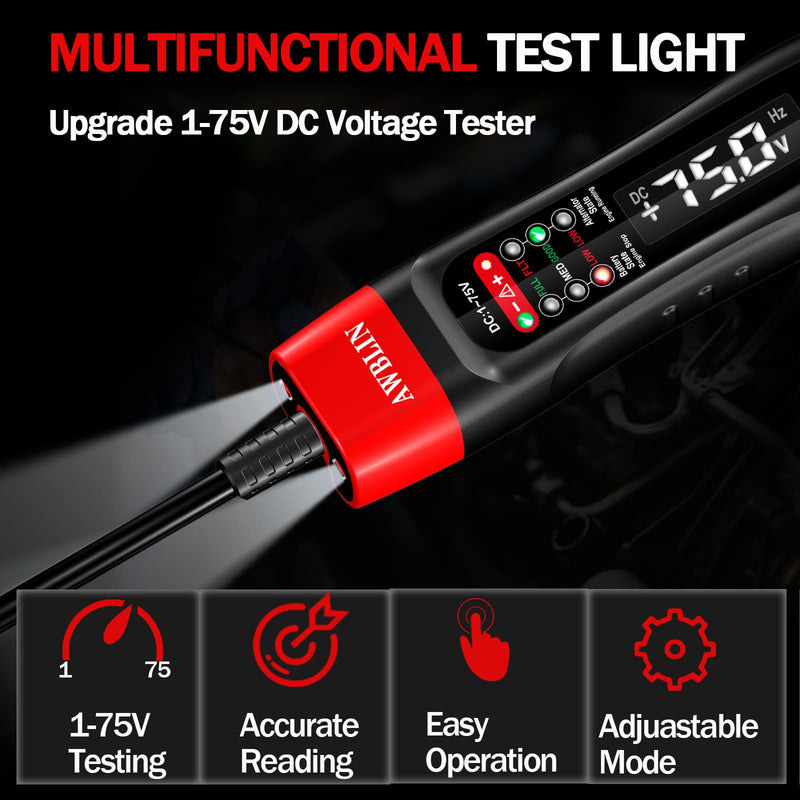 Automotive Test Light & Battery Alternator Tester, 1-75V DC LCD Digital Circuit Tester with Illumination, Heavy Duty Light Tester with Voltmeter, Fuse Voltage Tester Auto Electrical Tool