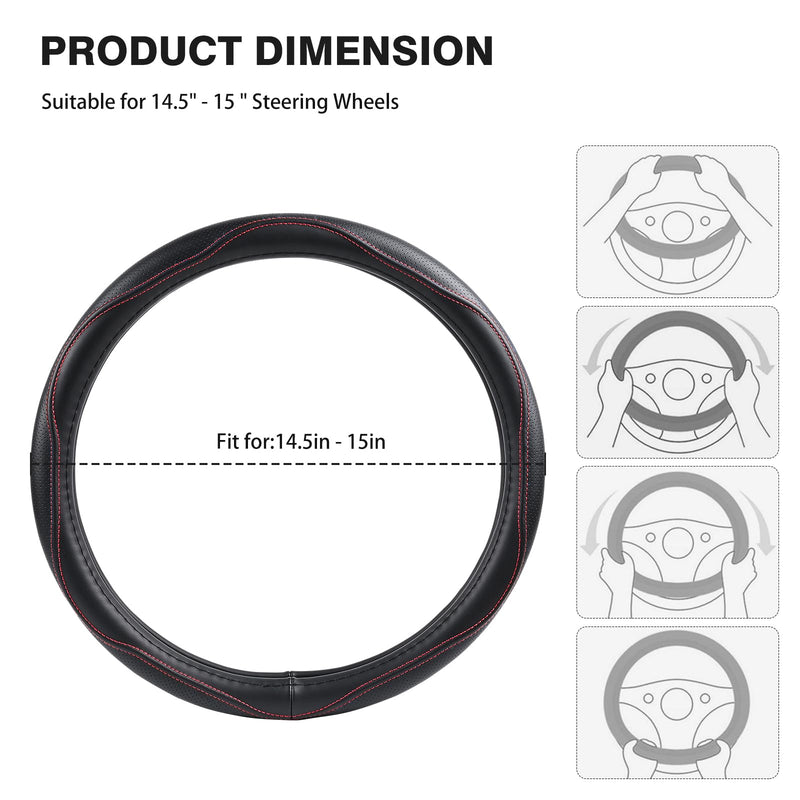 High-Grade Real Cowhide Steering Wheel Cover for Men Women，Black Genuine Leather Steering Wheel Cover for Cars,Universal 14.5-15 inch Steering Wheels Black Leather[14.5"-15"]