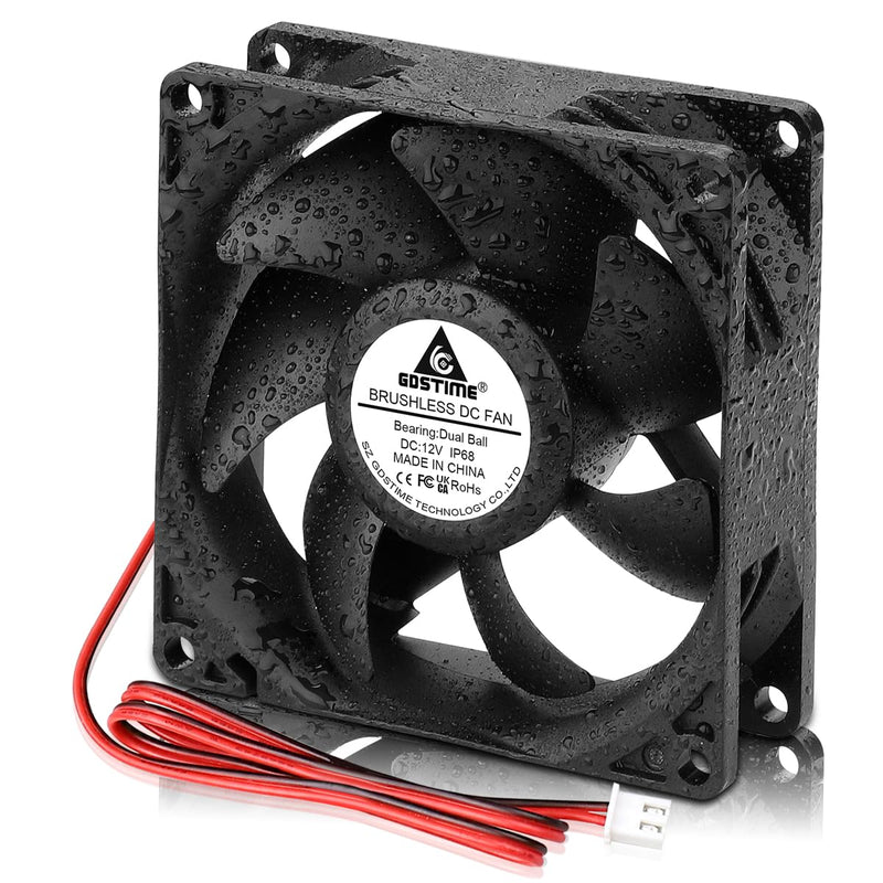 GDSTIME 80mm x 25mm 12V IP68 Waterproof Exhaust Fan Small Brushless DC Cooling Computer Case Fan 2 Pin Dual Ball Bearings for RV Fridge Ventilation, 2 Pack 80x25mm