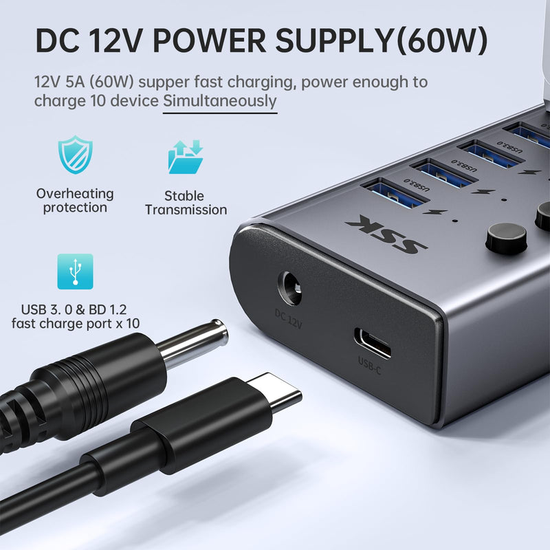 SSK 10 Port Powered USB 3.0 Hub, 60W Aluminium USB Charging Hub with DC 12V5A Power Adapter, Supports Simultaneous Fast Charge and 5Gbps Data Transmission,USB Extender Hub with 3.96ft/1.2m Long Cable