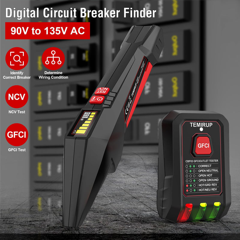 Circuit Breaker Finder with LCD Display, GFCI Outlet Tester, 90-135V Electrical Circuit Tracer Tool with NCV Test & Flashlight, Electric and Voltage Tester with Carrying Case & Batteries CBF03 circuit breaker finder + 0 Accessories
