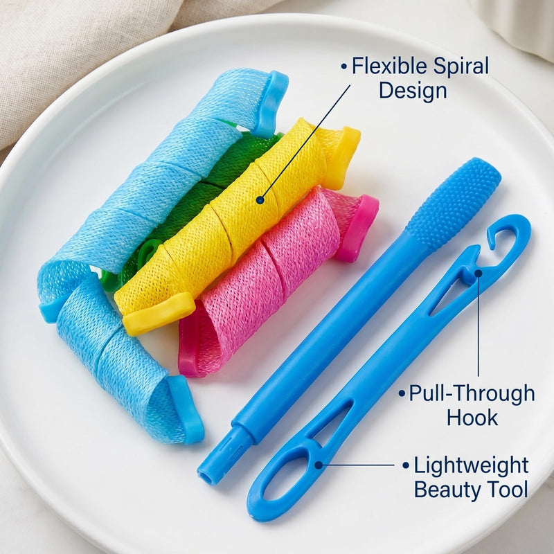 Spiral Hair Rollers, 17 Heatless Mesh Curlers With 2-Piece Styling Hook | Flexible Sleeves In 4 Colours, Connectable Tool Feeds Strands Through, Across Hair Lengths And Textures, Home Or Travel 2 Pack