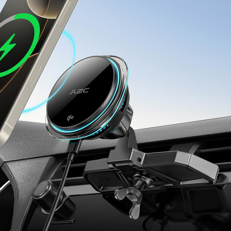 A2C Qi2 15W Wireless Car Charger CD Mount for MagSafe CD Slot | Air Vent | Magnetic Wireless Charger Phone Holder with TEC Thermoelectric Cooler, Fast Charging for iPhone 17 16 15 14 13 12 Series