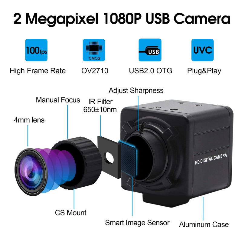 SVPRO 1080P Full HD Mini USB Webcam 2MP CMOS OV2710 4mm Manual Focus Lens CS Mount High Frame Rate 30fps/60fps/100fps USB Camera for Linux, Windows, Android, Plug and Play 4.0mm Lens