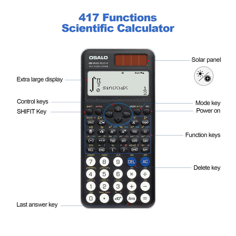 OSALO Scientific Calculator 417 Function 2 Line Desktop Calculators VAT Tax Function Large Display Big Buttons Solar and Battery