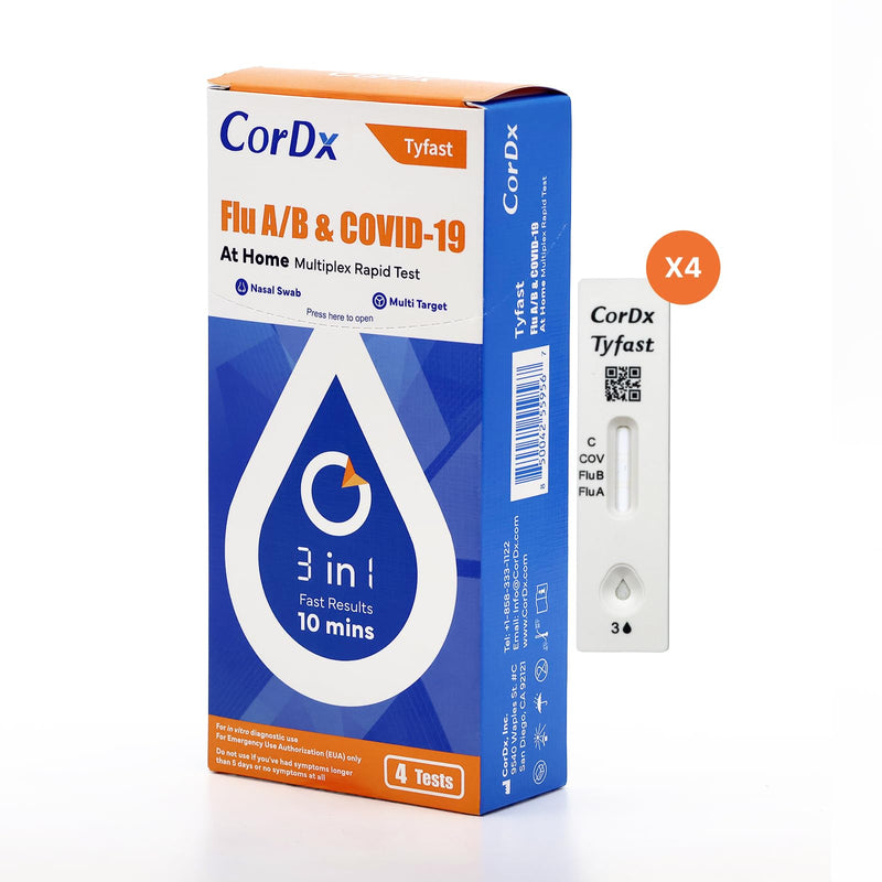 CorDx TyFast at Home Flu A/B & COVID-19 Multiplex Rapid Test Kit, Easy, Accurate, Fast Results in 10 Minutes, 3 in 1 Combo Kit, 5 Tests