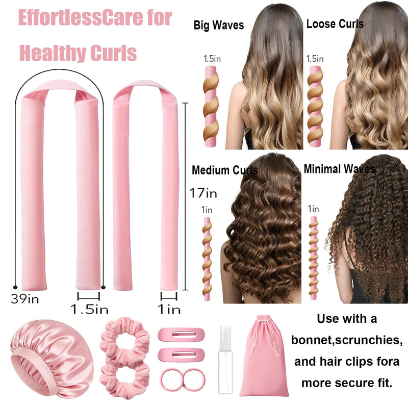 Heatless Hair Curler Overnight 11Pcs Set, 2 Sizes of Hair Rollers for Women with Bonnet to Sleep In, No Heat Curlers with Scrunchies and Clips, for Long and Medium Hair (pink) pink