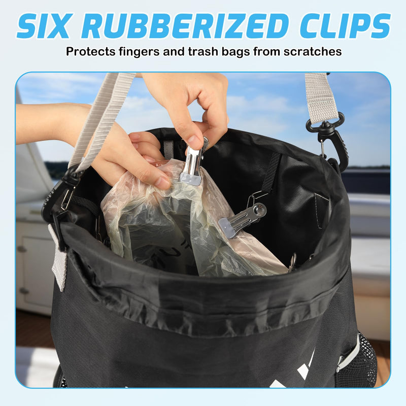 Waterproof Boat Trash Can with 6 Clips, Reusable Boat Garbage Can, Portable Pontoon Boat Accessories for Storage, Leakproof Boat Trash Bag for 10-13 Gal Garbage Bags, Boating, Camping, RV, Kayak