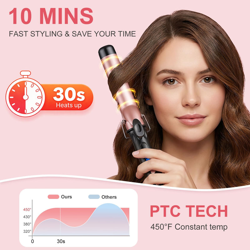 Large Barrel Curling Tongs 38mm, Ceramic Hair Curler with 14 Adjustable Temperature, Big Curling Wand Iron for Soft Waves and Long-Lasting Curls, Dual Voltage