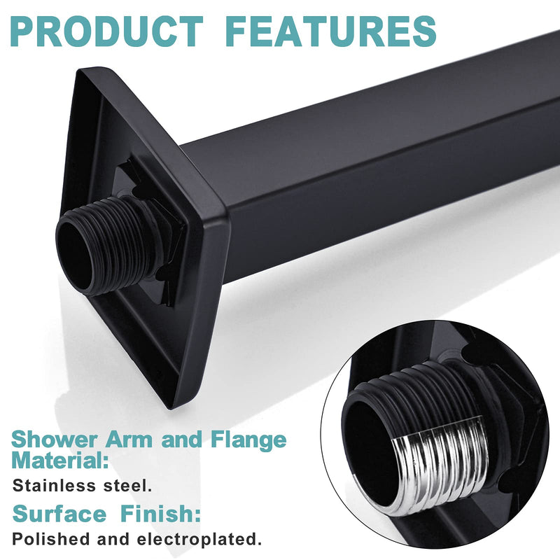 BESTILL 12 Inch Matte Black Ceiling Mount Shower Arm and Flange, Square Rain Shower Head Arm