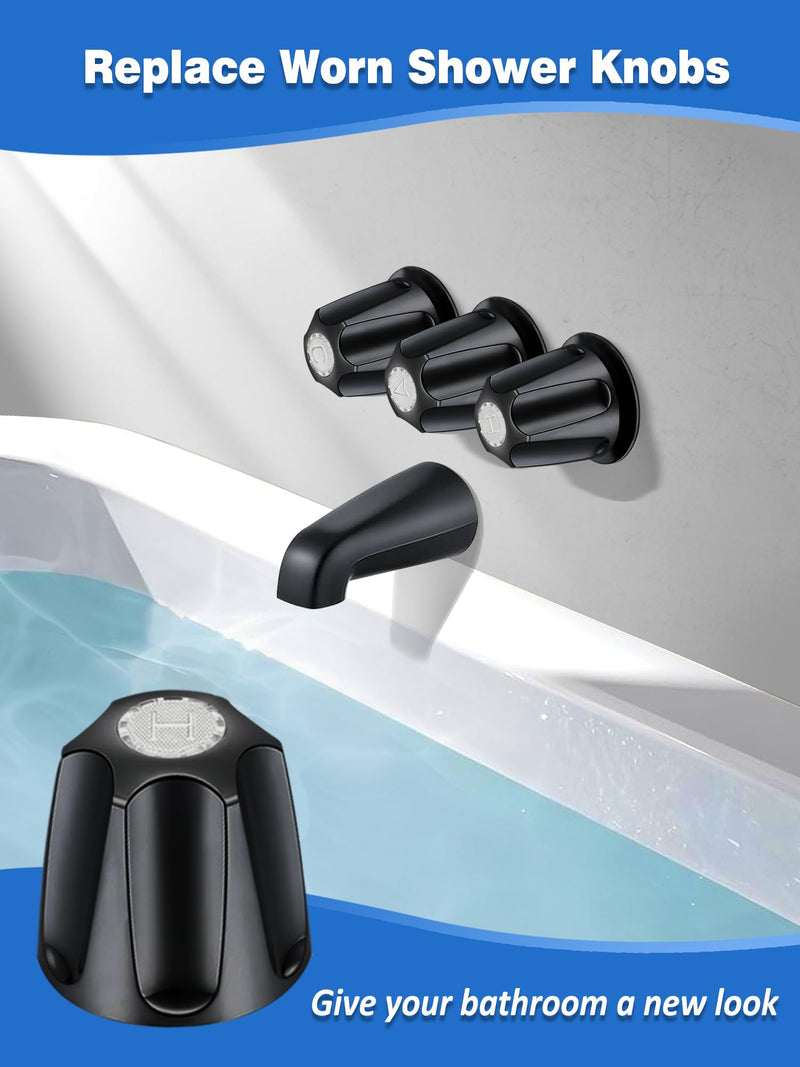 3 PCS Metal Shower Knob Replacement, Tub Faucet Handle with Hot/Cold/Diverter/Flange Base, Bathtub Knob Compatible with Price Pfister Verve Fits 5-1/2''H,12 Tooth Broach Stem (Black) Black