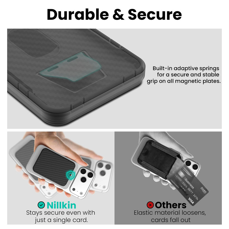 Nillkin FiberMate MagSafe Phone Wallet, RFID Blocking, Adjustable Stand | Carbon Fiber, Holds 3 Cards, Heavy Duty Hardshell, Magnetic, for iPhone 17/16/15 Pro Max Galaxy S26 Ultra Pixel 10, Black