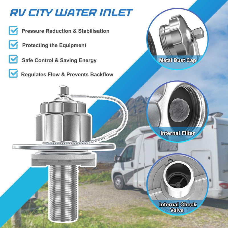 All Metal RV City Water Inlet with Check Valve, RV Water Inlet Replacement, Adjustable 90° Brass Hose Elbow, 3/4" GHT Quick Hose Connector, for RV Camper Motorhome Trailer Marine Water Inlet with 90° Elbow and Quick Connector