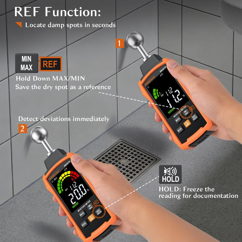 Moisture Meter with Ball Probe, 5–40mm Detection, 5 Modes, 3-Color Display with Sound Alarm, REF Function & Data Hold – Pinless Moisture Meter for Wood, Walls, Floors, Concrete & Cement