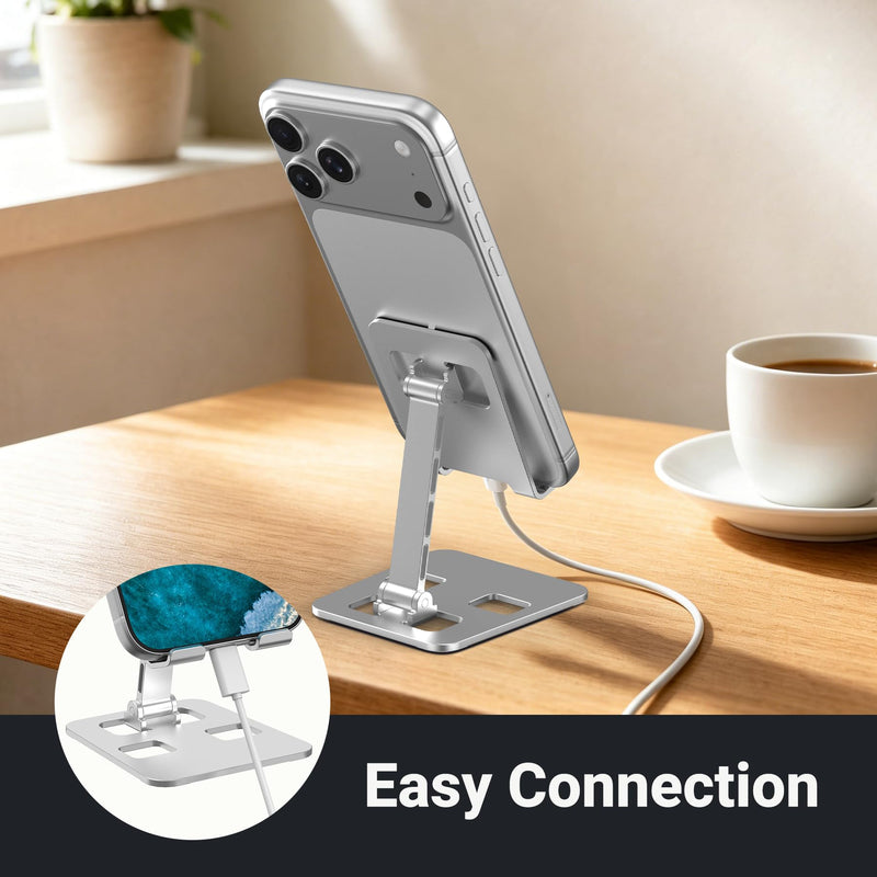 Foldable Aluminum Phone Stand, Multi-Angle Adjustable Desk Mount | Hands-Free Viewing, Silicone Pads Included, Charging Cutout, Compact & Portable, Universal Fit