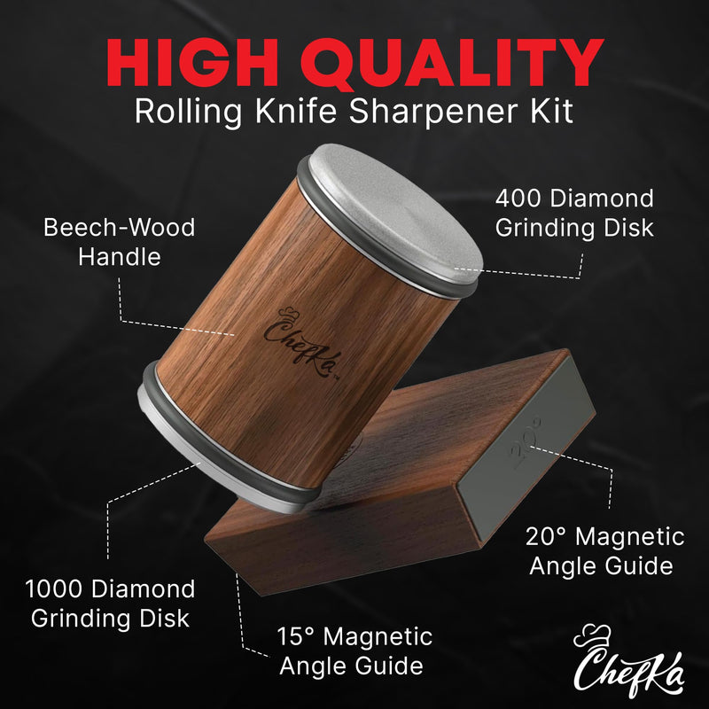 Rolling Knife Sharpener Kit for Kitchen - Stainless Steel Helix Disc, Diamond Plated, 15 & 20 Degree Angles, Quickly & Easily Sharpens Blades