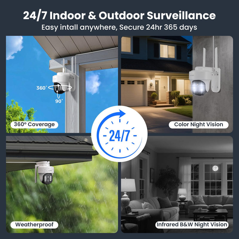 xmartO 10X Zoom Security Camera, 2K HD 24/7 Recording Security Camera System with Auto Tracking, Wireless PTZ Home Security System for Indoor Outdoor Surveillance, Motion Detection, 2-Way Audio PTZ Dual Lens Camera