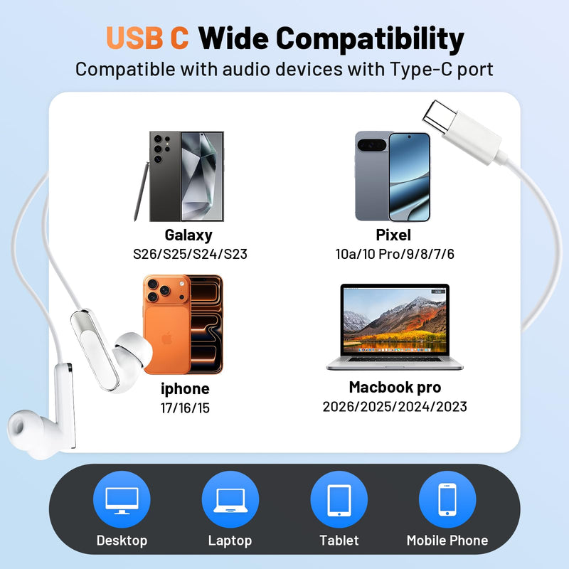 USB-C Headphones for iPhone 17 16 15，Wired Earbuds Type C Earphones | 2 Pack Clear Mic & Remote Control, Nosie Reduction, Wired for iPhone, Android,Galaxy S25 S24 Ultra, Pixel