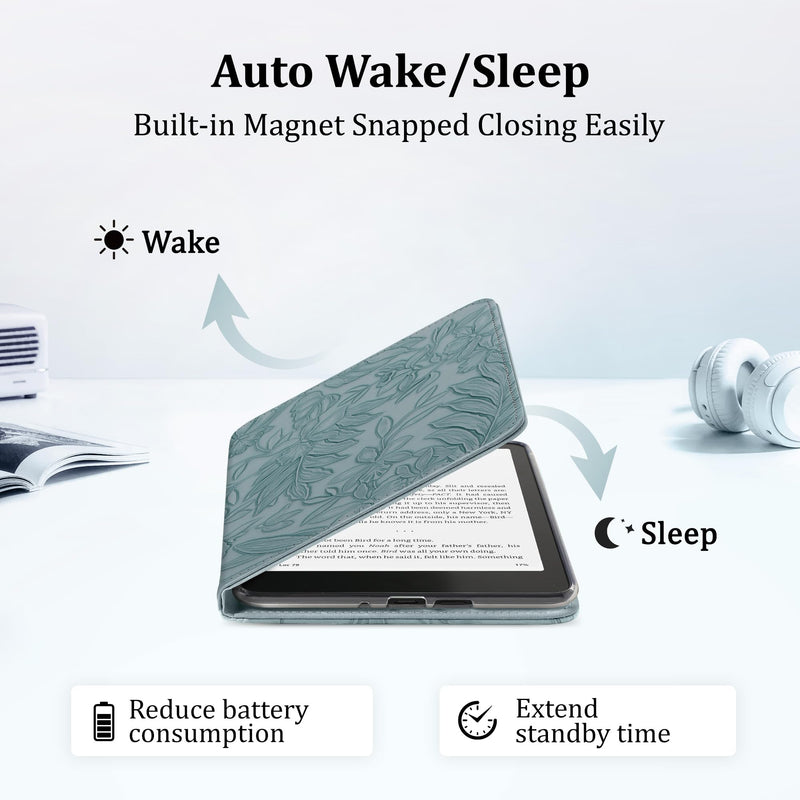 Magnetic Book Cover Case for 7'' Kindle Paperwhite & Colorsoft | Magnetic Detachable, Auto Wake/Sleep, Clear PC Case, Soft TPU Edge, Hands-Free Viewing, Book Design, Embossed Powder Blue 7" E-book-reader