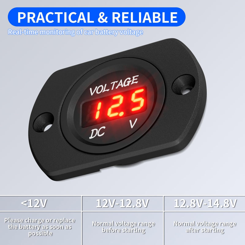 DaierTek Voltage Meter 12V Red Voltage Gauge Waterproof 12 Volt Gauge 24V 36V Digital Display Voltmeter for car Truck RV ATV Boat Marine Red LED Voltmeter